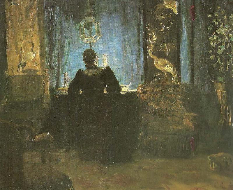Anna Ancher den vest med bla gardinerre stuefru ancher ved skrivebordet